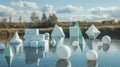 An array of inflatable geometric shapes including cubes spheres and pyramids creating a surreal landscape on the surface