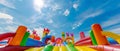 An array of inflatable toys, shapes, and structures suspended in the bright blue sky with fluffy white clouds, creating