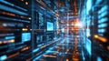 An array of interconnected machines with illuminated screens each displaying detailed data analytics while streams of