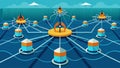 An array of interconnected wave energy converters resembling a large submerged spider web.. Vector illustration.