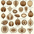 An array of intricately illustrated seed cross-sections and whole seeds in earthy tones Royalty Free Stock Photo