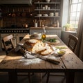 An array of kitchenwares, including hanging copper pots and a vintage-sty Royalty Free Stock Photo