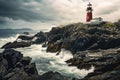 An array of lighthouses along a rocky coastline, AI generated Royalty Free Stock Photo