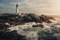 An array of lighthouses along a rocky coastline, AI generated Royalty Free Stock Photo