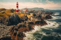 An array of lighthouses along a rocky coastline, AI generated Royalty Free Stock Photo