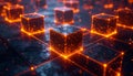Array of Luminous Orange Cubes Interconnected on a Dark Digital Surface abstract technology Royalty Free Stock Photo