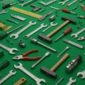An array of metal tools and instruments arranged on a green background. The tools Royalty Free Stock Photo