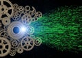 An array of metallic gears on the left transitions into a digital stream of binary code on Royalty Free Stock Photo