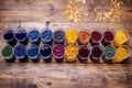 an array of natural dyes on wooden surface