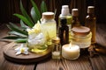 an array of natural skincare products on a wooden table