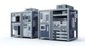 Array of Network Server Racks Containing Computer Hardware and Equipment Against a White Background for Data Centers Royalty Free Stock Photo