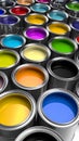 Array of open paint cans filled with vibrant colors showcasing a spectrum Royalty Free Stock Photo