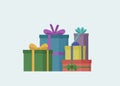 Array of packaged gifts with different bows. Vector flat illustration.