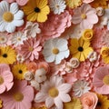 Array of paper flowers on the floor (tiled)