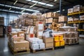 An array of perfectly packaged products ready for distribution in a warehouse. Generative Ai