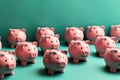 Array of Pink Piggy Banks on Blue Background. Generative AI Royalty Free Stock Photo