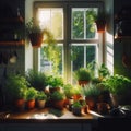 An array of potted herbs sit on the window sill to catch early morning sun Royalty Free Stock Photo