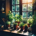 An array of potted herbs sit on the window sill to catch early morning sun Royalty Free Stock Photo