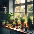 An array of potted herbs sit on the window sill to catch early morning sun Royalty Free Stock Photo