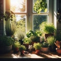 An array of potted herbs sit on the window sill to catch early morning sun Royalty Free Stock Photo