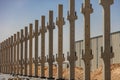 Array of precast concrete beams during installation at construction site Royalty Free Stock Photo