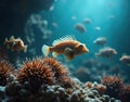 Array of pufferfish drifting peacefully near coral heads with a backdrop of sea urchins and starfish Royalty Free Stock Photo