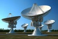 Array of Satellite Dishes Against Blue Sky. Generative AI