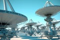 Array of Satellite Dishes Against Blue Sky. Generative AI