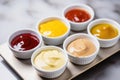 array of sauces: mayo, mustard, ketchup in small bowls