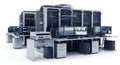 Network Infrastructure Array Showing Servers with Monitor Equipment Under Soft Studio Lighting and White Background to Royalty Free Stock Photo