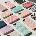 An array of smartphone cases is displayed on a flat surface. The cases feature Royalty Free Stock Photo