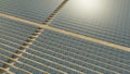 Array of solar energy panels. Clean energy, modern technology concept. Digital 3D render. High angle view