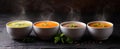The array of steaming soups in elegant bowls displaying vibrant colors and fresh herbs.AI generated image Royalty Free Stock Photo