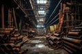 an array of steel pipes stacked in a warehouse, some rusted