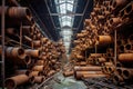 an array of steel pipes stacked in a warehouse, some rusted