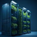 Array of storage racks filled with lush green plants. Modern agriculture concept. AI-generated.