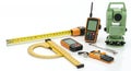 Surveying Equipment on White Background Featuring a Total Station, Measuring Tape, GPS Devices, and Rulers for Land Royalty Free Stock Photo