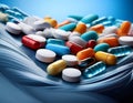 An array of tablets and capsules forming a dynamic wave pattern