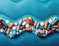 An array of tablets and capsules forming a dynamic wave pattern