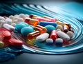 An array of tablets and capsules forming a dynamic wave pattern