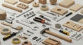 Array of tools and materials on a surface. Items include wrenches, pliers, a hammer, Royalty Free Stock Photo