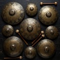 An array of traditional percussion gongs, possibly from Southeast Asia, featuring Royalty Free Stock Photo