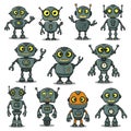 Array of twelve cartoon robots with varying designs. Each robot features a unique Royalty Free Stock Photo
