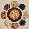 An array of various beans and lentils are arranged on a beige fabric. At the center, Royalty Free Stock Photo