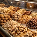 An array of various nuts displayed in mounds under a glass counter. The assortment Royalty Free Stock Photo