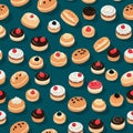 An Array of Various Sweet Bites Featuring Chocolate, Cream, and Fruit Toppings, Displayed on a Richly Colored Canvas Royalty Free Stock Photo