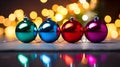 Array of vibrant Christmas ornaments with a string of twinkling Christmas lights in the background Royalty Free Stock Photo