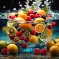 healthy fruits submerging in crystal clear water, representing the perfect balance of natural