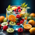 healthy fruits submerging in crystal clear water, representing the perfect balance of natural