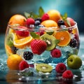 healthy fruits submerging in crystal clear water, representing the perfect balance of natural